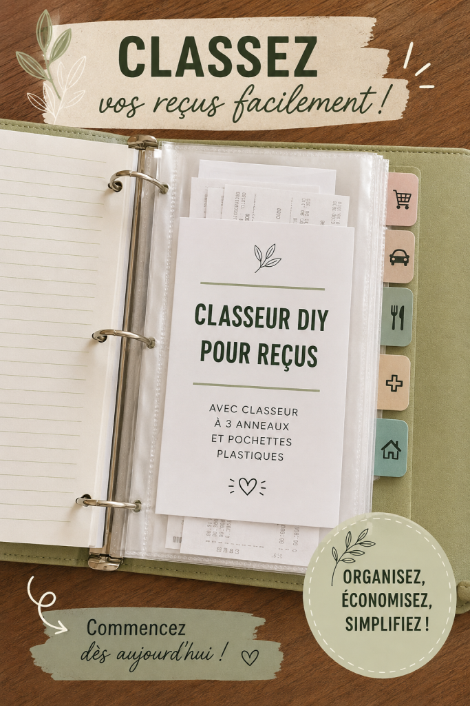 Un classeur de reçus DIY élégant, rempli de feuilles de protection et de reçus, sur un fond de bureau