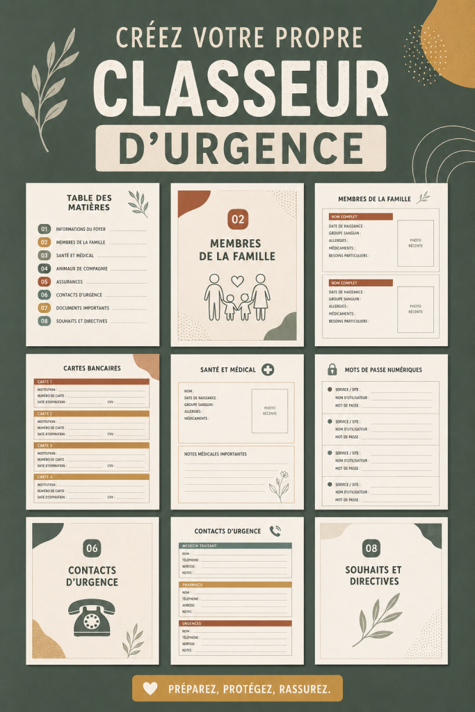 Un classeur d'urgence organisé avec des documents importants à l'intérieur.