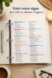 Classeur d'urgence bien organisé sur une table avec divers documents et fournitures