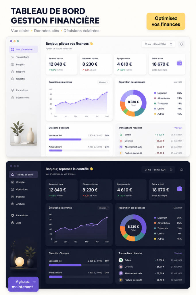 Tableau de bord financier moderne sur un écran d'ordinateur