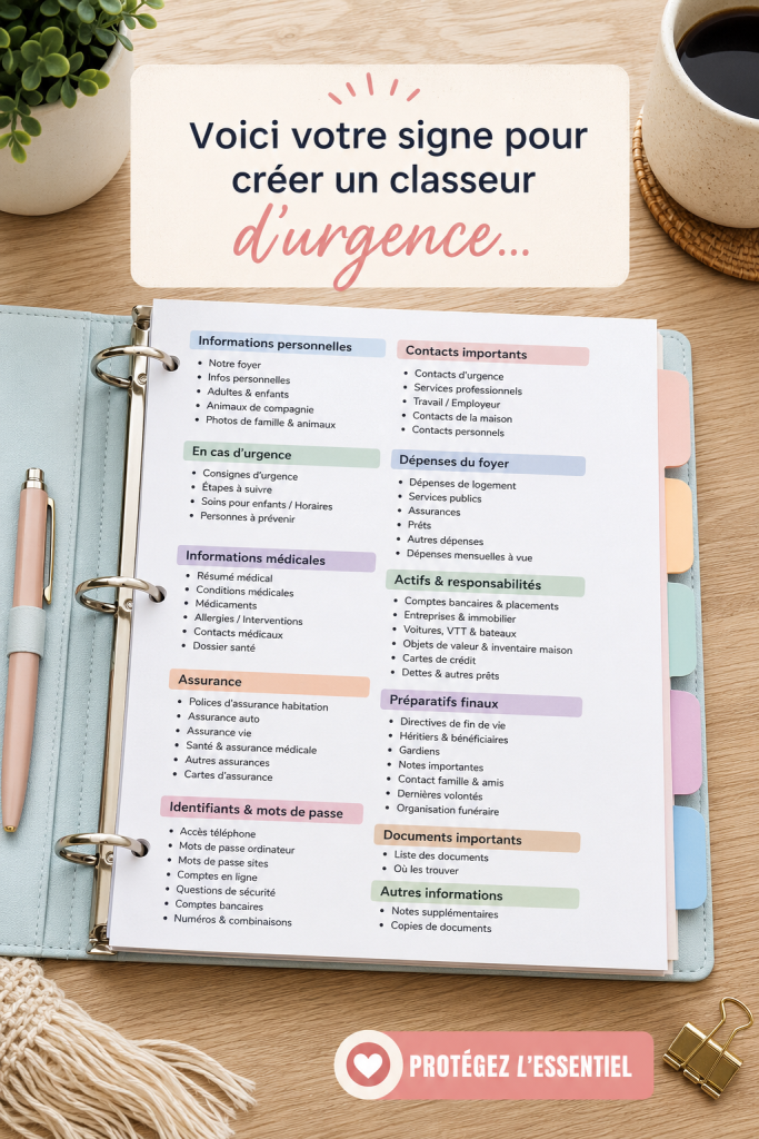 Un dossier d'urgence bien organisé sur une table avec des papeteries colorées.
