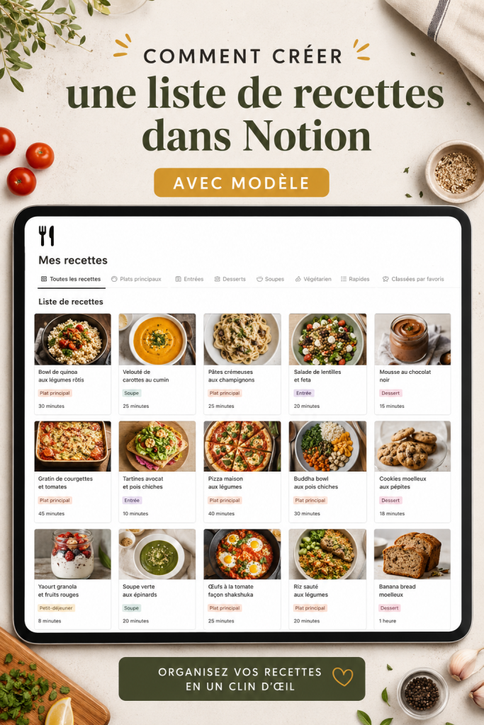 Capture d'écran montrant une liste de recettes organisée dans Notion.