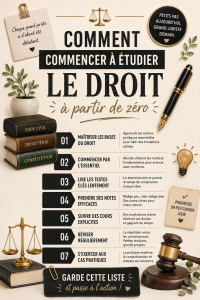 Une étudiante en droit concentrée sur ses livres et ses notes, illustrant le début de son parcours académique.