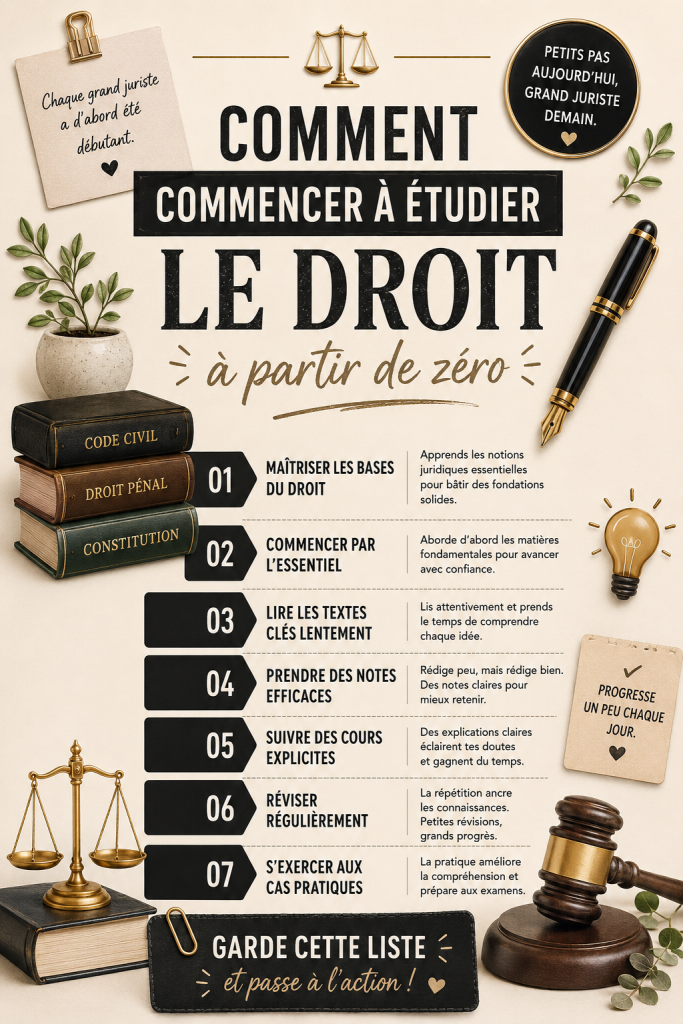 Une étudiante en droit concentrée sur ses livres et ses notes, illustrant le début de son parcours académique.
