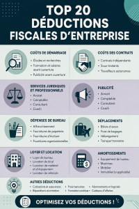 Infographie sur les déductions fiscales pour entrepreneurs, mettant en avant des conseils pratiques.
