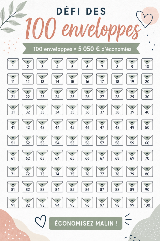 Personne tenant 100 enveloppes colorées pour le défi d'épargne