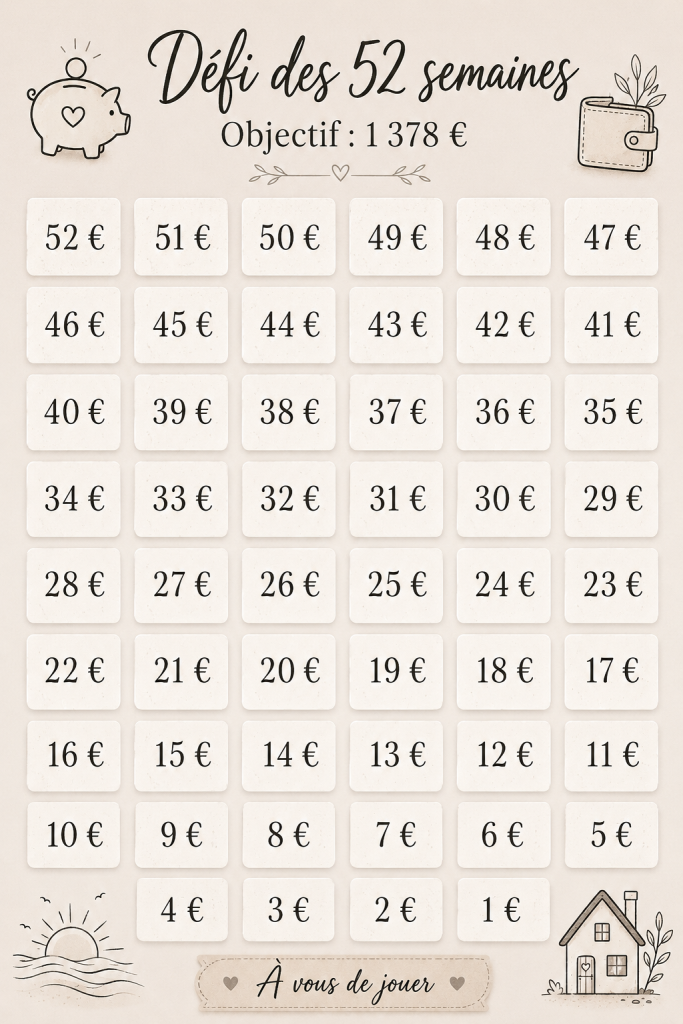 Image représentant un bocal d'épargne avec un calendrier du défi des 52 semaines
