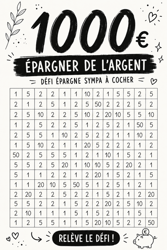 Femme souriante réalisant un défi d'économie à la maison, entourée de matériel de planification budgétaire.