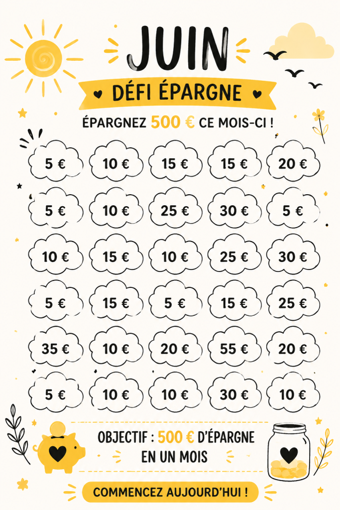 Illustration d'un défi d'économies de 500$ avec des outils gratuits