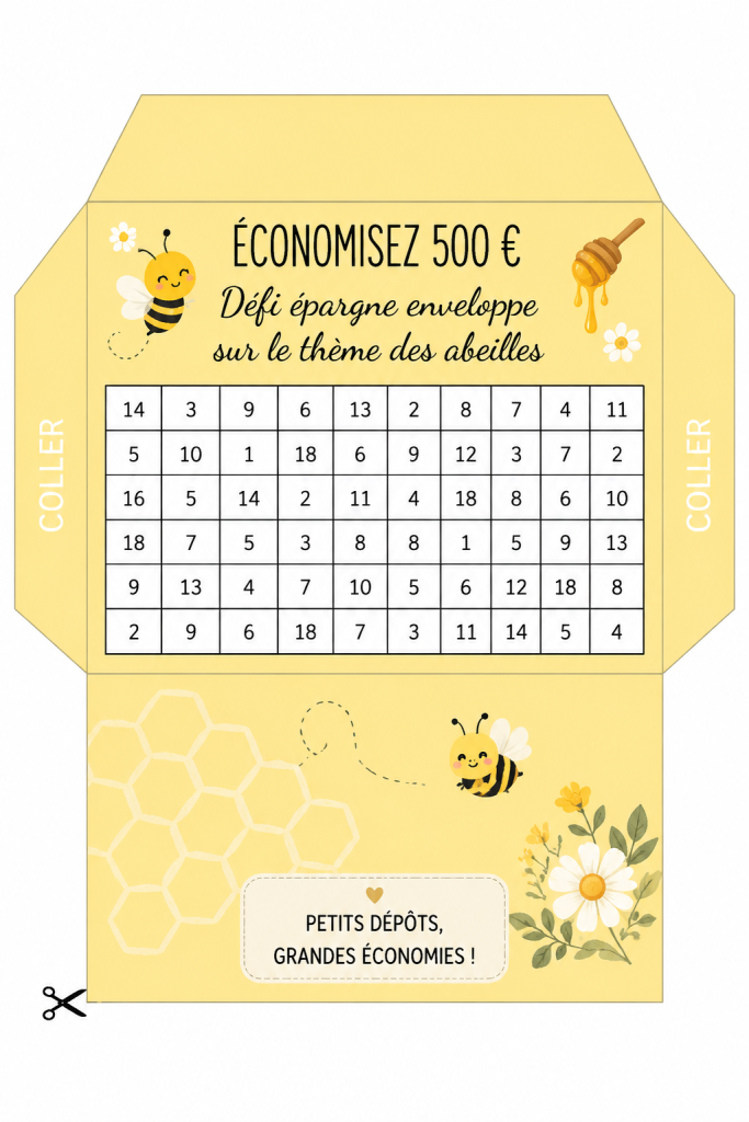 Illustration du défi d'épargne sur le thème des abeilles avec des enveloppes colorées et des économies.