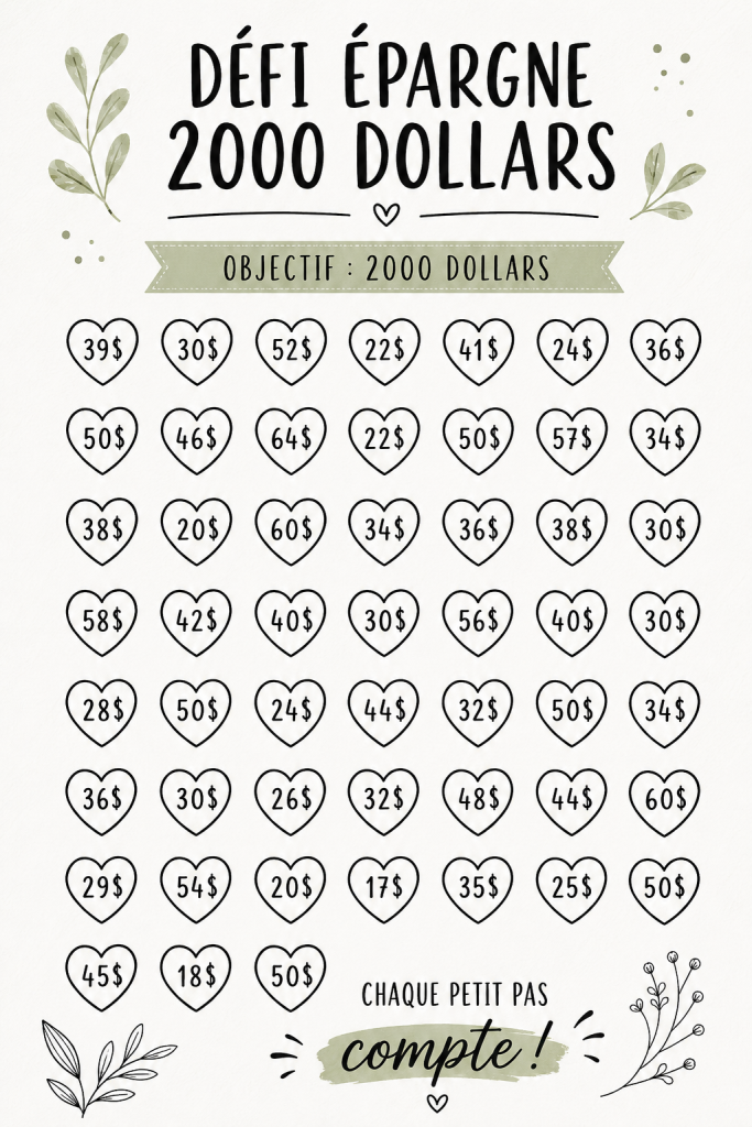 Image représentant un tableau de suivi pour le défi d'épargne de 2000 euros.