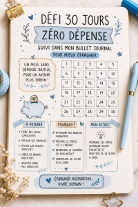 Une page de bullet journal montrant un tracker d'épargne de 30 jours.