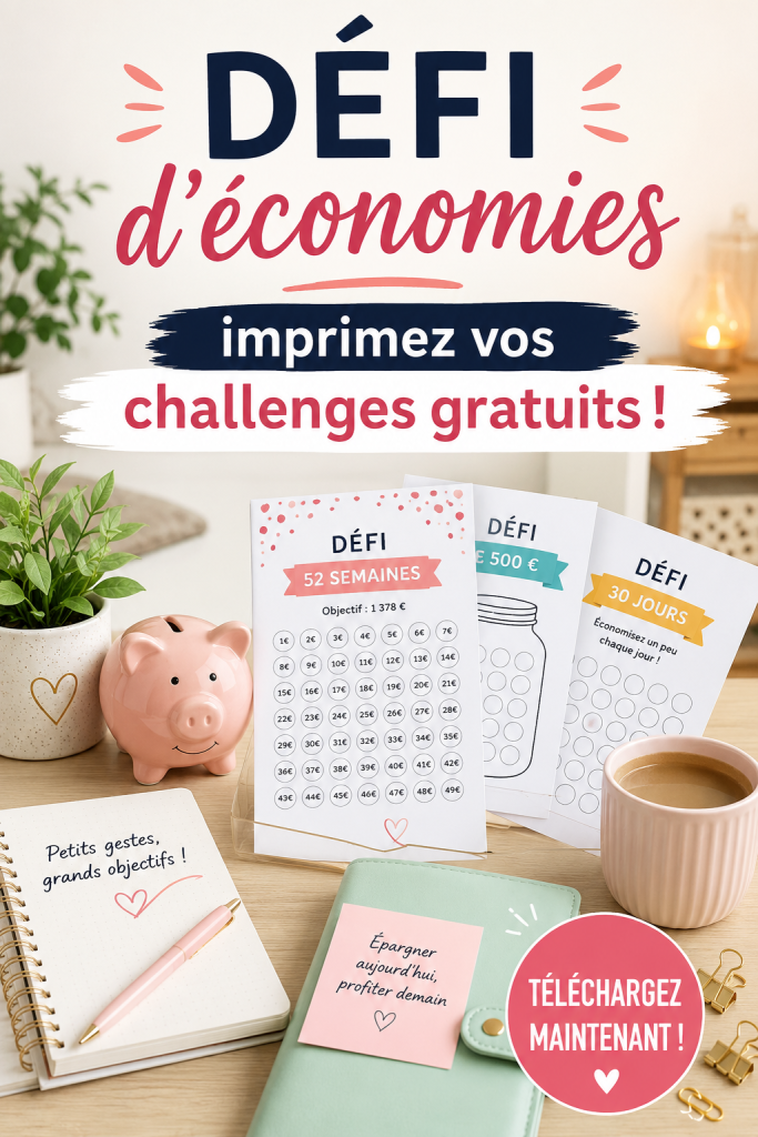 Femme avec des imprimables de défis d'épargne sur une table, prêt à relever le défi.
