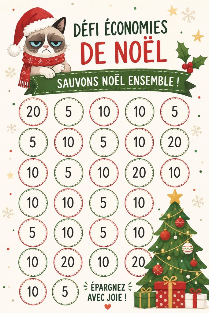 Défi d'épargne de Noël avec des décorations festives en arrière-plan