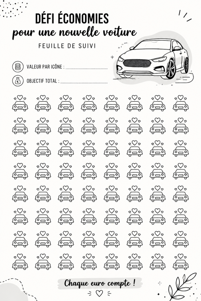 Une feuille de suivi de défi d'épargne pour une nouvelle voiture