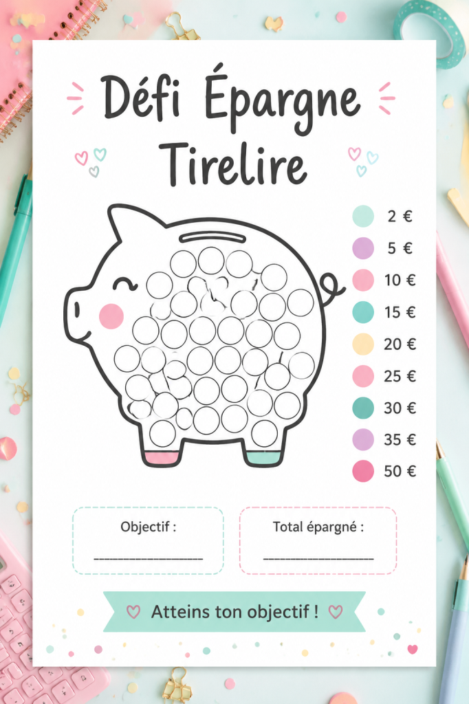 Une tirelire imprimable colorée pour un défi d'épargne