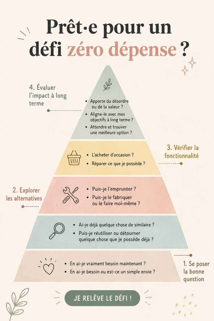 Illustration d'un défi sans dépense avec une liste de courses vide et des conseils d'économie.