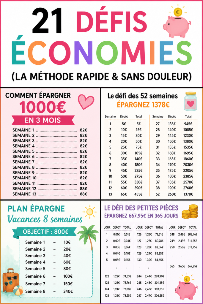 Femme souriante regardant un tableau de défis d'économie à la maison