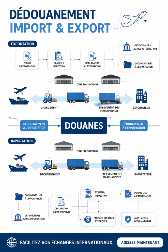Schéma illustrant les démarches douanières pour l'import et l'export.