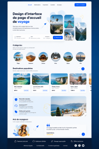 Exemple de page de destination pour voyages avec design attractif et couleurs vives.
