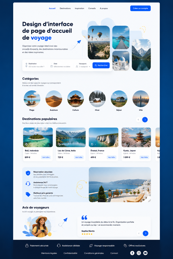 Exemple de page de destination pour voyages avec design attractif et couleurs vives.