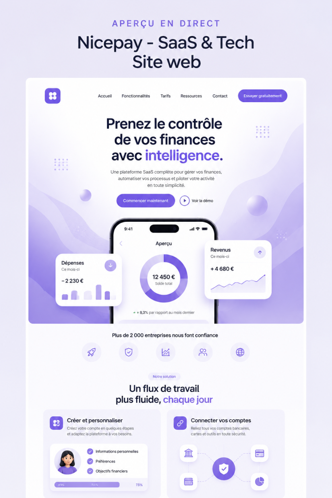 Exemple d'un design de site web SaaS moderne et attrayant.