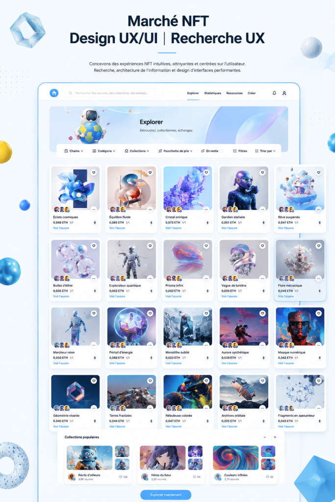 Visuel de design UX/UI pour une marketplace NFT, montrant une interface intuitive et attrayante.