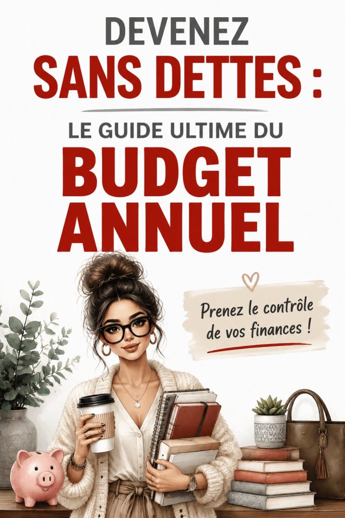 Femme souriante regardant son budget annuel sur une tablette, avec des notes et un café à ses côtés.