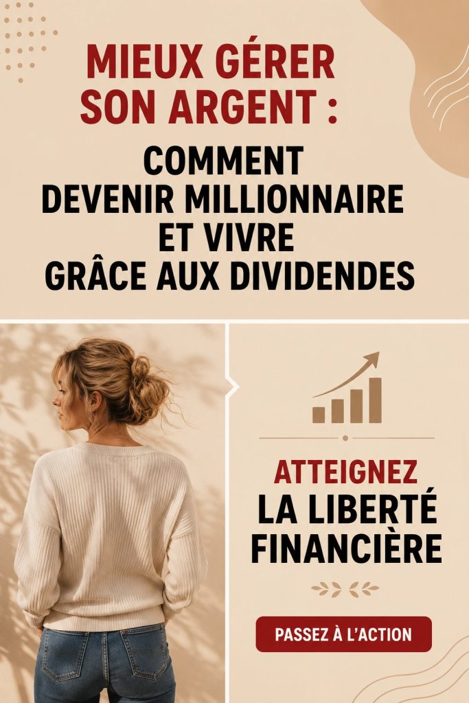 Image d'une femme réfléchissant à des investissements financiers avec des graphiques de dividendes en arrière-plan.