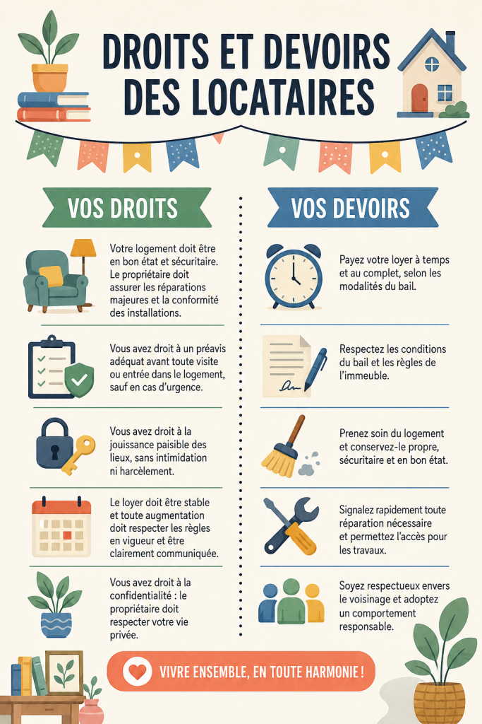 Image illustrant les droits des locataires, avec des documents juridiques et des clés de maison.