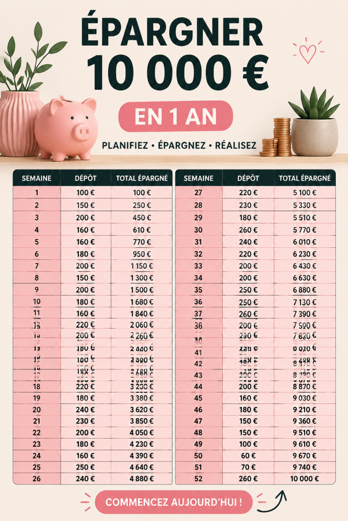 Femme heureuse et confiante regardant son budget avec des billets d'argent et un carnet.