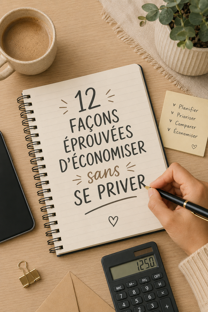 Une femme souriante feuillette un carnet rempli d'astuces pour économiser tout en profitant de la vie.