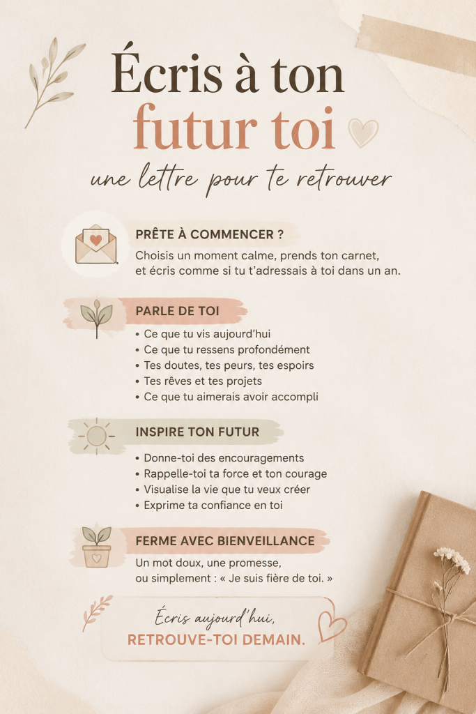 Femme écrivant une lettre à son futur soi sur un bureau