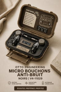 Embouts anti-bruit OTTO en gros plan sur un bureau, évoquant le confort auditif.