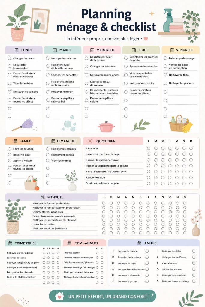 Emploi du temps de nettoyage avec check-list PDF à imprimer, pour une maison toujours propre.