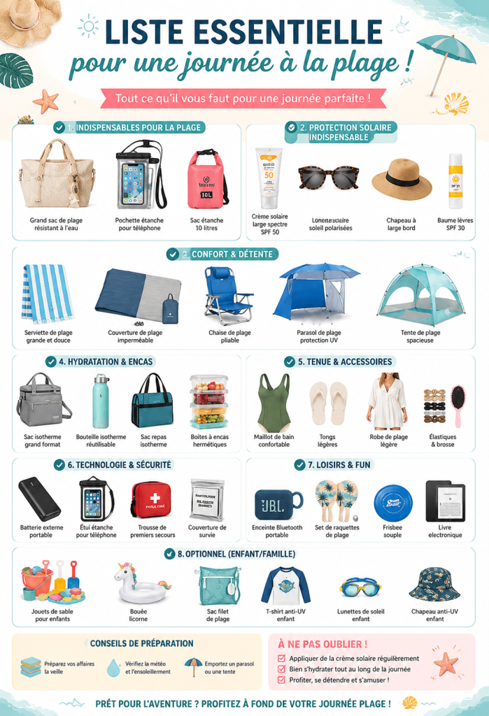Une plage ensoleillée avec des serviettes et des accessoires de plage disposés sur le sable.
