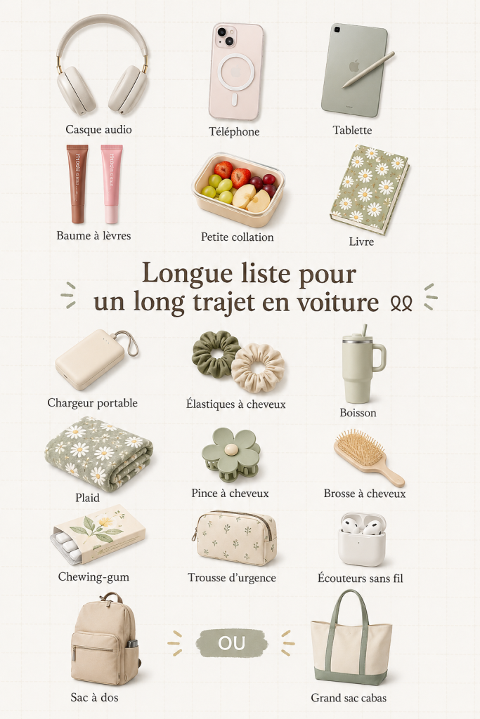 Préparation d'une voiture pour un long trajet avec des éléments essentiels bien organisés