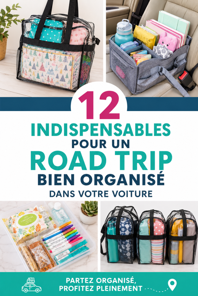 Vue d'une voiture bien organisée pour un road trip, avec des accessoires pratiques.