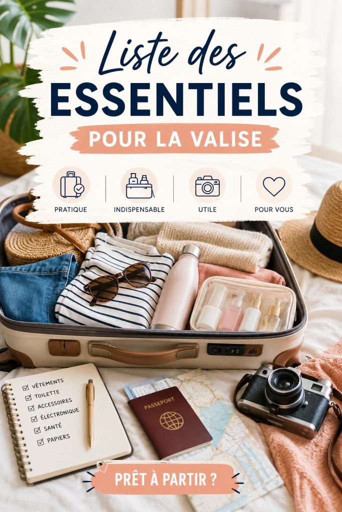 Une valise bien préparée avec des essentiels pour un voyage en famille.