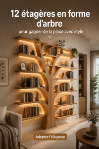 Étagère en forme d'arbre dans un salon moderne, ajoutant une touche de style.