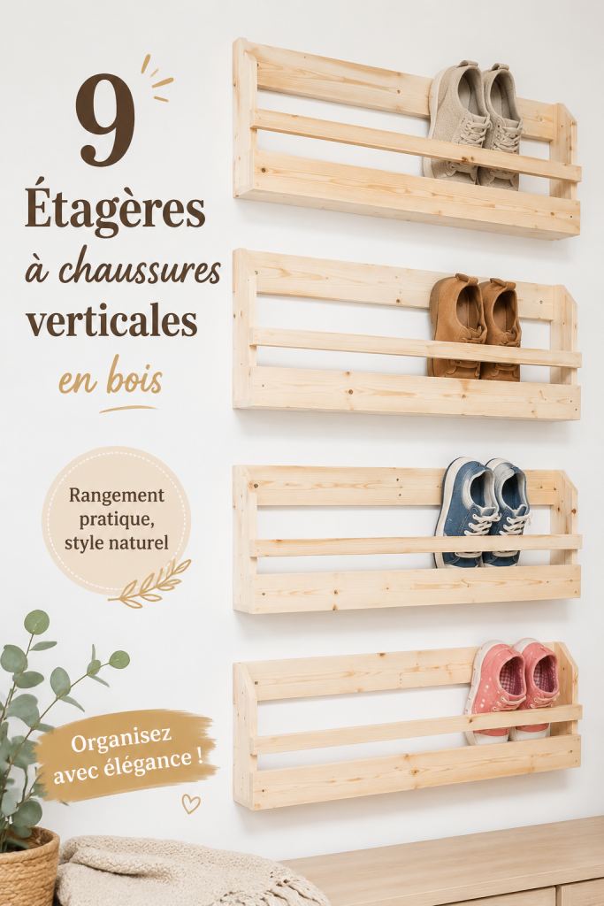 étagères à chaussures verticales en bois dans un intérieur lumineux