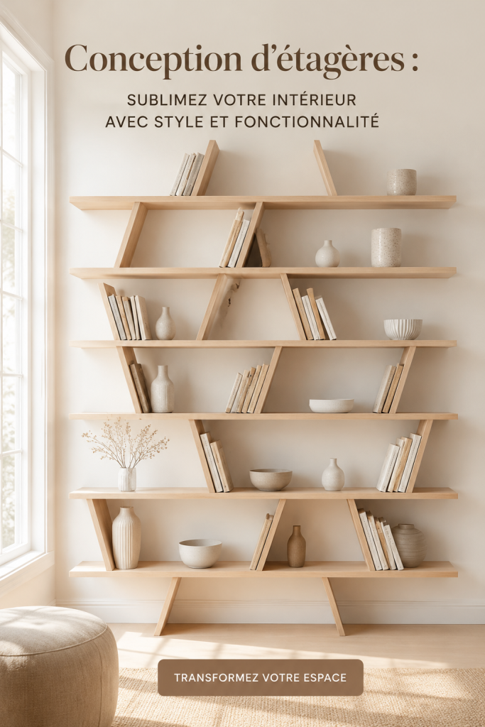 Étagères modernes en bois avec des livres et décorations qui embellissent un salon