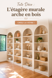 Un beau mur avec une étagère murale en forme d'arche en bois décorée de plantes et d'objets raffinés
