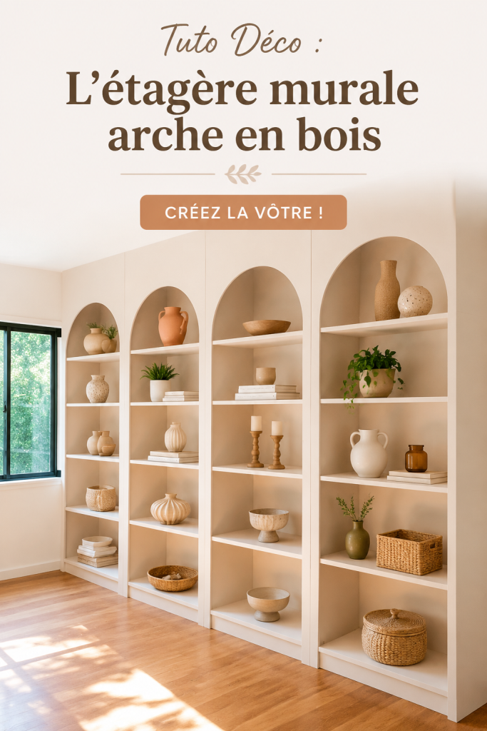 Un beau mur avec une étagère murale en forme d'arche en bois décorée de plantes et d'objets raffinés