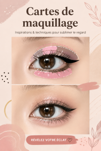 Un exemple coloré de face chart pour maquillage avec des annotations de couleurs et de techniques