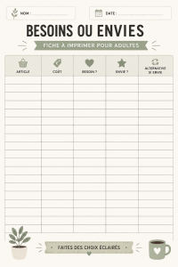 Fiche pratique illustrée pour distinguer besoins et envies, idéale pour les adultes