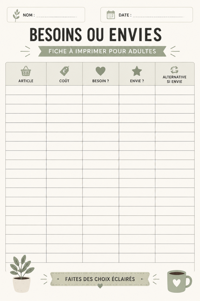 Fiche pratique illustrée pour distinguer besoins et envies, idéale pour les adultes