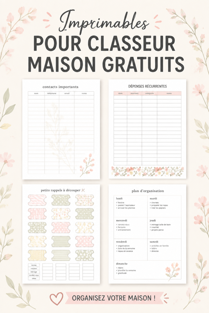 Fiches d'organisation imprimables pour la maison, sur un bureau ordonné