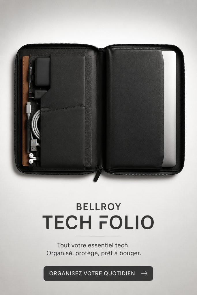 Folio tech Bellroy en cuir élégant, organisé sur un bureau