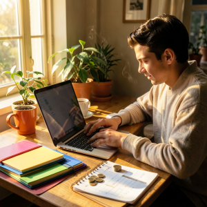 Femme souriante à son bureau calculant ses astuces pour gagner de l'argent facilement depuis chez elle